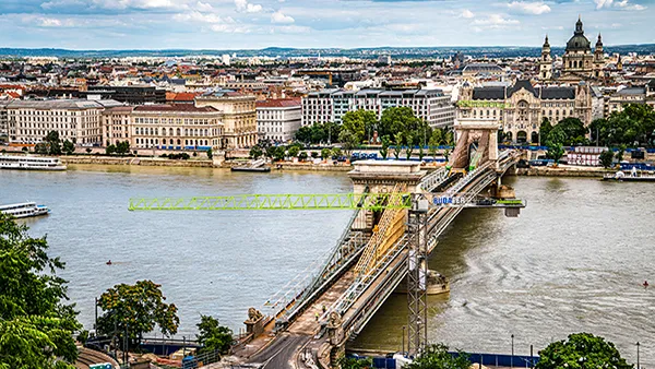 T7020-12H tower crane at a bridge construction project in Budapest, Hungary